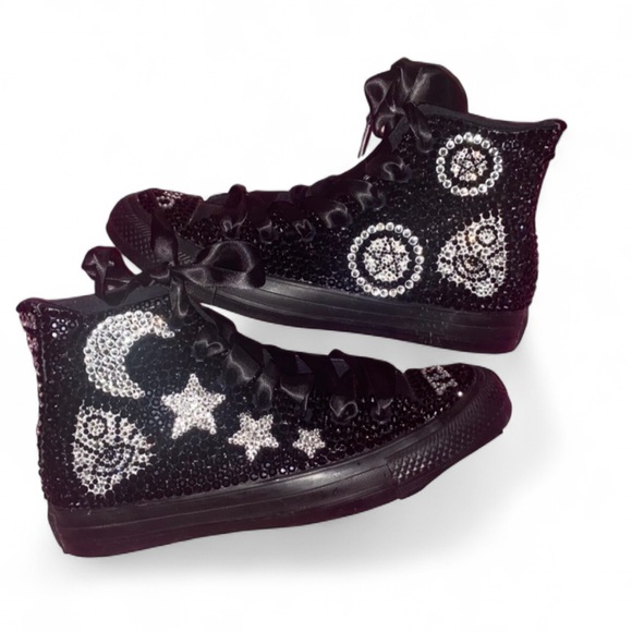 Ouija Board Themed Jet Black Crystal High Top Converse Sizes 5-14 New In Box - Picture 2 of 15